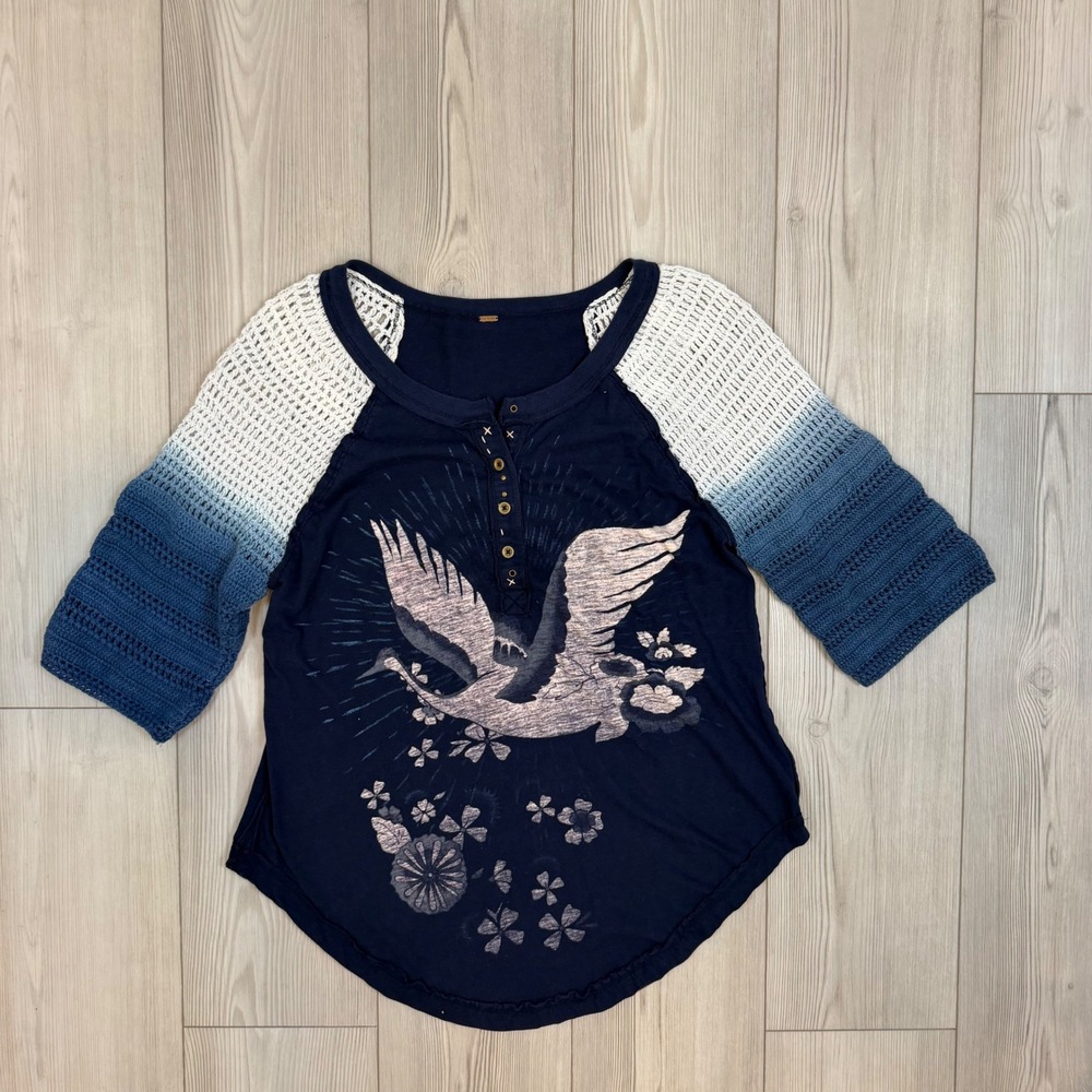 Free People Navy Blue Crane Graphic Henley Ombre Crochet Sleeve Top OB800176